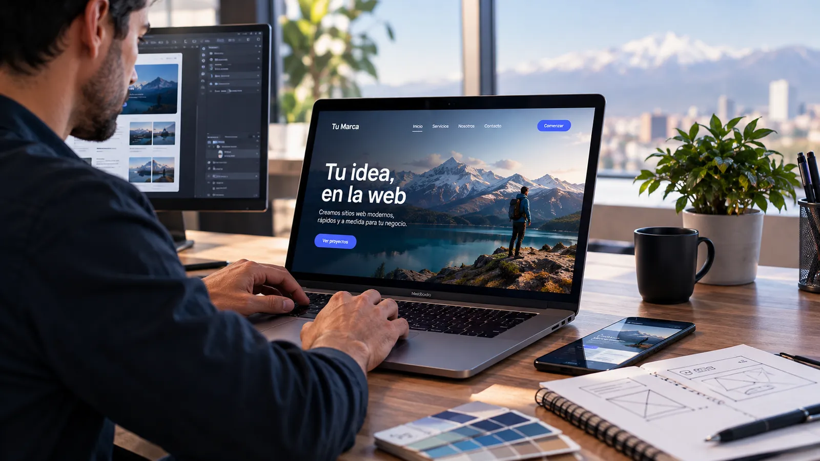 Diseñador trabajando en un sitio web a medida en un notebook